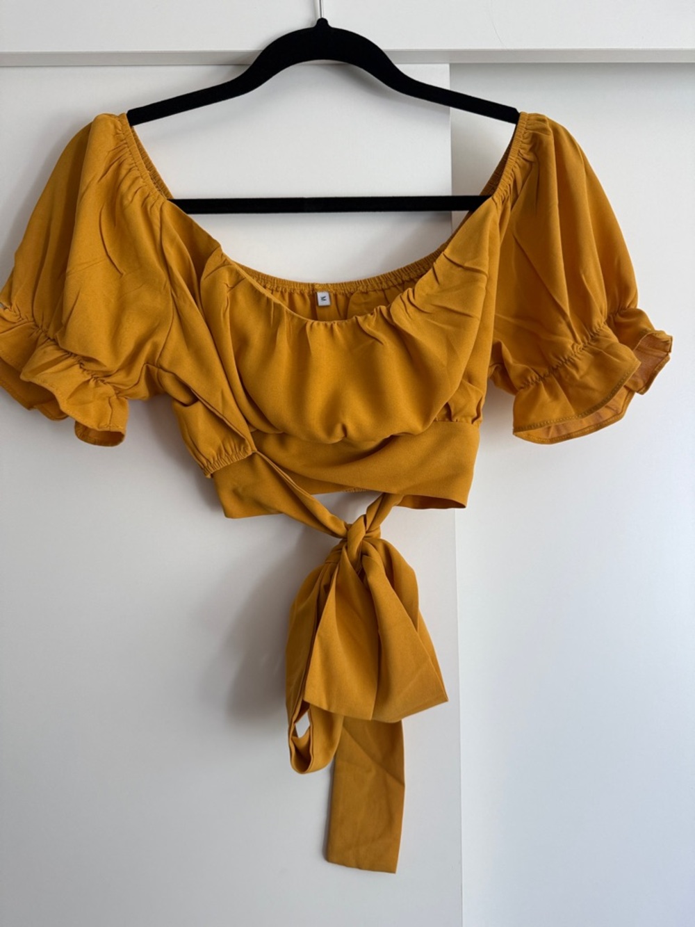 Mustard Tie-Front Puff Sleeve Crop Top